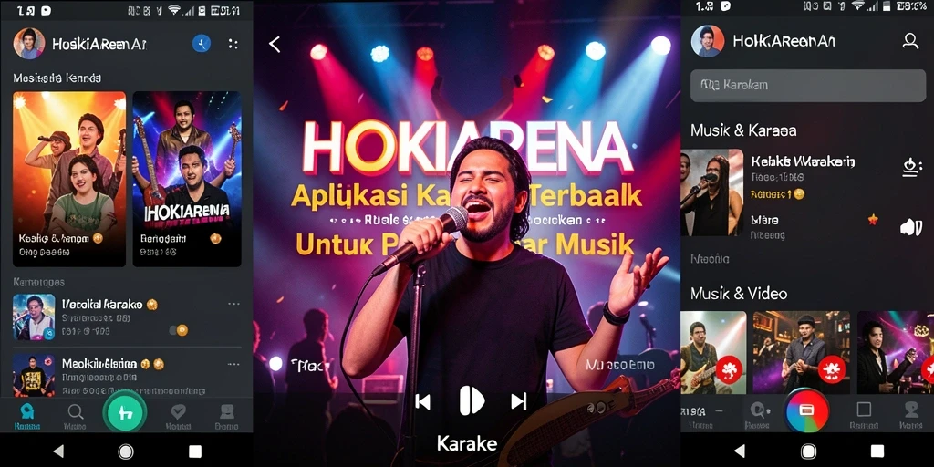 Tampilan antarmuka HOKIARENA dengan berbagai lagu dan fitur karaoke.